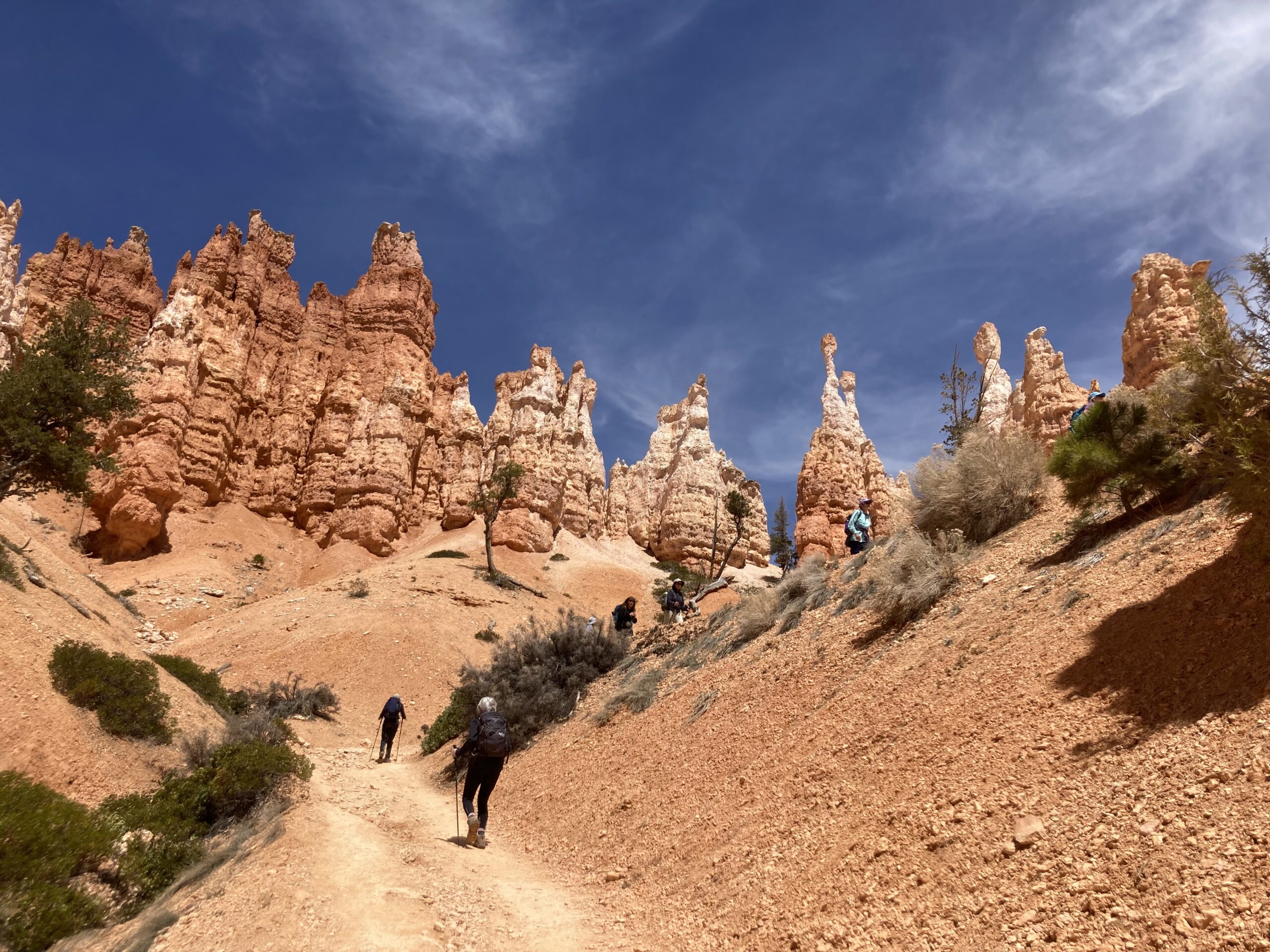 Hikers work their way along a trail that runs between the majestic, towering rock structures of the national park in Utag - Hiking Utah's Majestic Parks - Adventures in Good Company