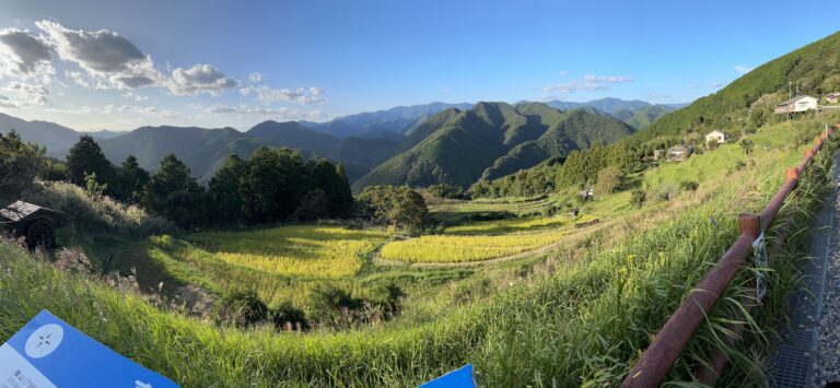 A landscape view of a verdant valley with mountains and trees in the background depicting Japan's Kumano Kodo Pilgrimage Trail - Adventures in Good Company