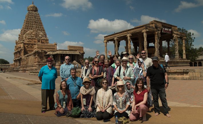 A lovely pilgrims tour group of the Sacred South Indian tour at Brihadeshwara Temple, Tanjore - Sacred Earth Journeys