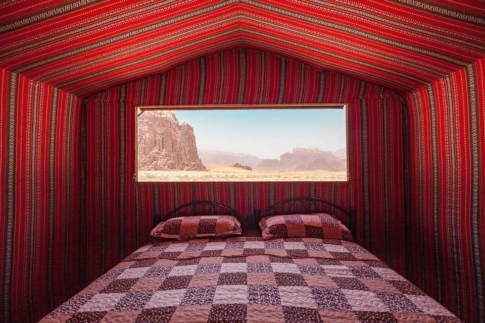 Interior of a Bedouin tent, part of Hotel Arabian Nights in Wadi Rum, Jordan, recommended by a JourneyWoman reader as a safe place for women to stay.