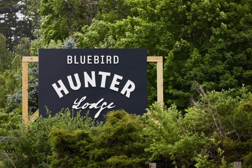 The sign for Hunter Lodge, a Bluebird by Lark hotel in Hunter, New York, a safe place for women to stay.