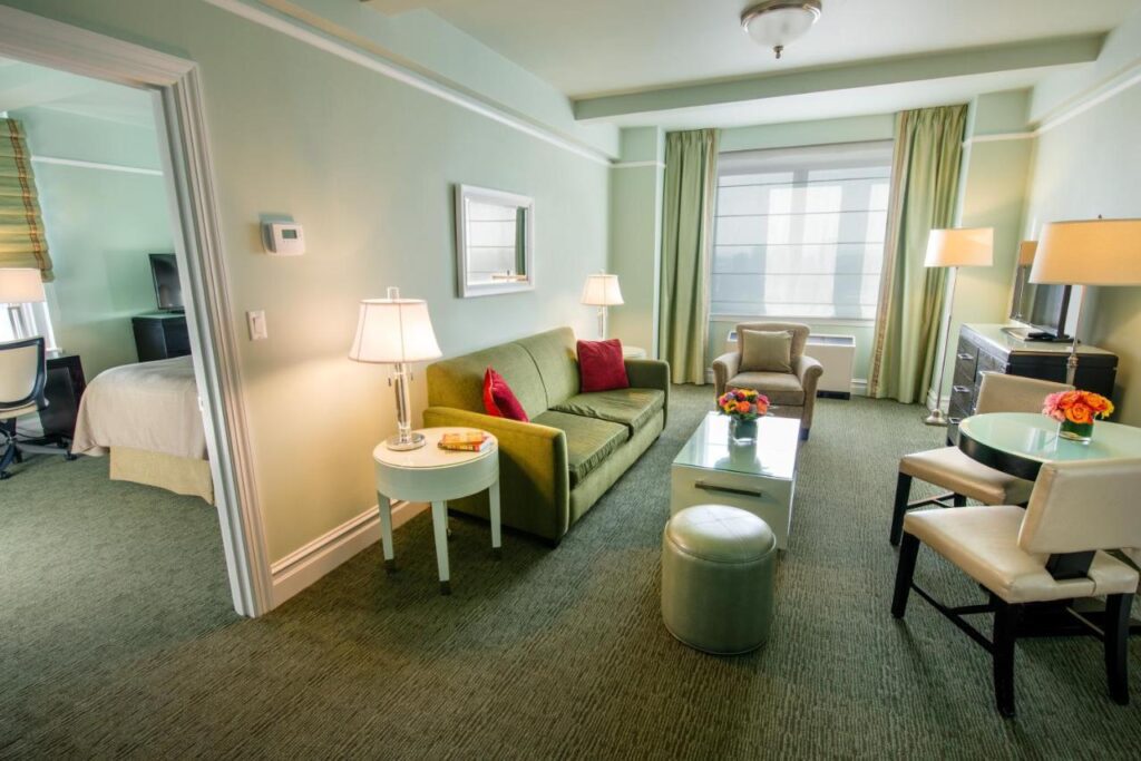 A suite with separate living area at the Hotel Beacon a hotel in New York and a safe place for women to stay.