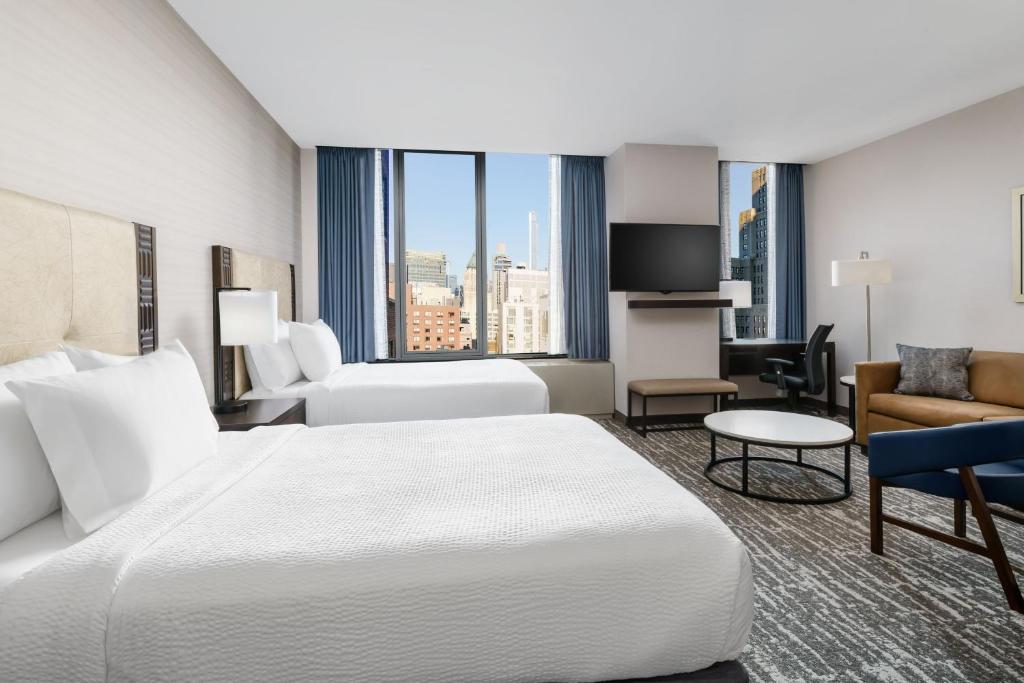 Interior of a suite at the Fairfield Marriott Penn Station Hotel in New York, recommended as a safe place for women to stay.