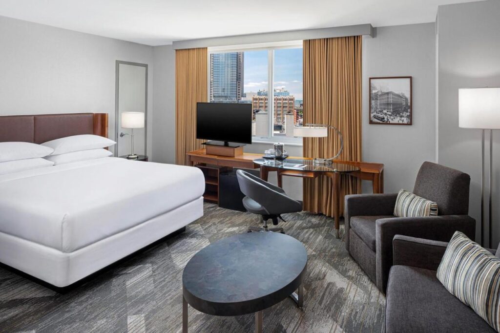 Interior of a suite at the Sheraton Tribeca New York Hotel in New York City, recommended as a safe place for women to stay.