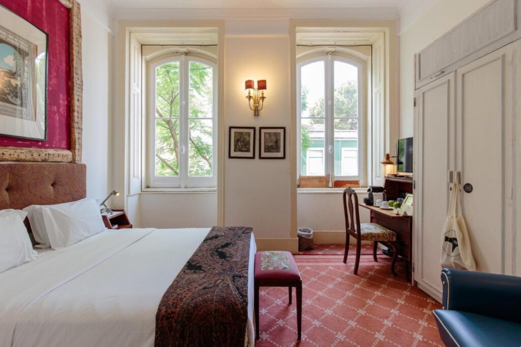 A simple double room at the Independent Principient Real in Lisbon, Portugal, recommended as a safe place for women to stay by a JourneyWoman reader.