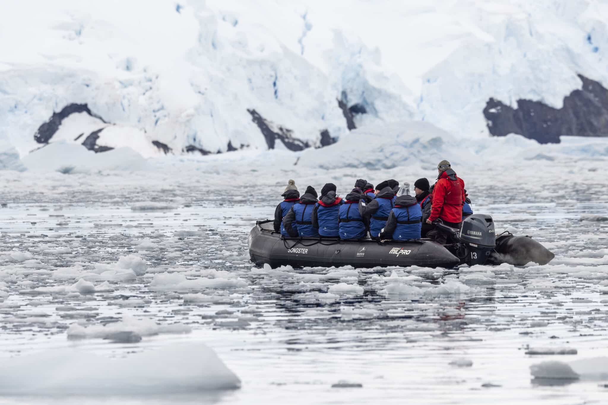 Captured moment of a boat navigating through the icy waters of Cierva Cove - Antarctic Peninsula: Fly the Drake