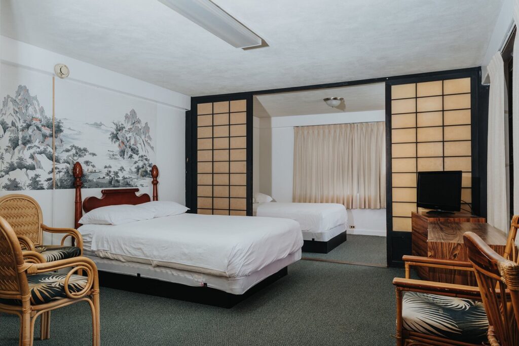 A simple and open suite at the Royal Grove Waikiki Hotel in Honolulu, Oahu, Hawaii, recommended as a safe place for women to stay by JourneyWoman readers.