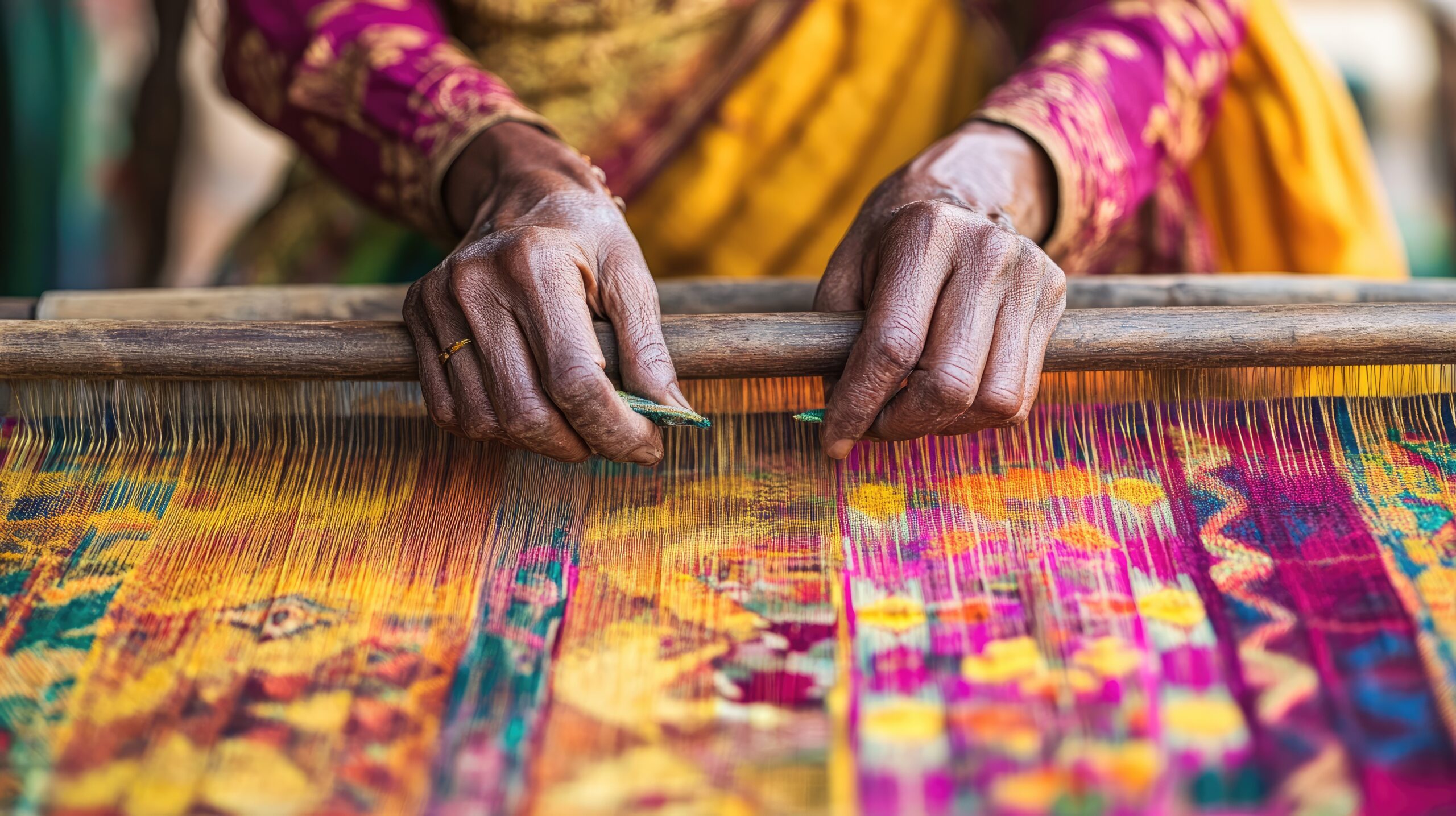 Indian artisan weaving colorful patterns on a handloom, capturing traditional textile making in a village.