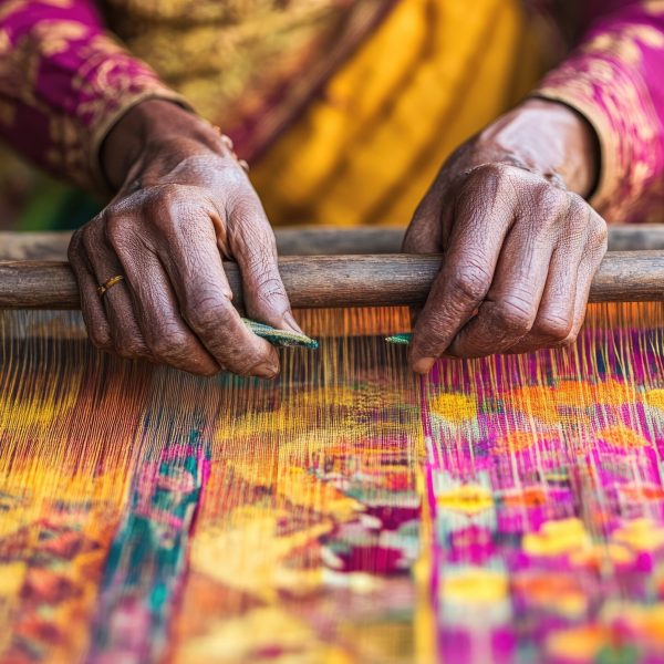 Indian artisan weaving colorful patterns on a handloom, capturing traditional textile making in a village.