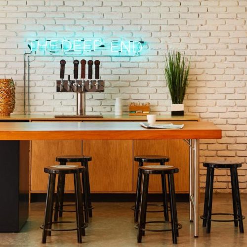 A bar area at the Bluebird Spa City Motor Lodge in Sarasota Springs, New York, a safe place for women to stay.