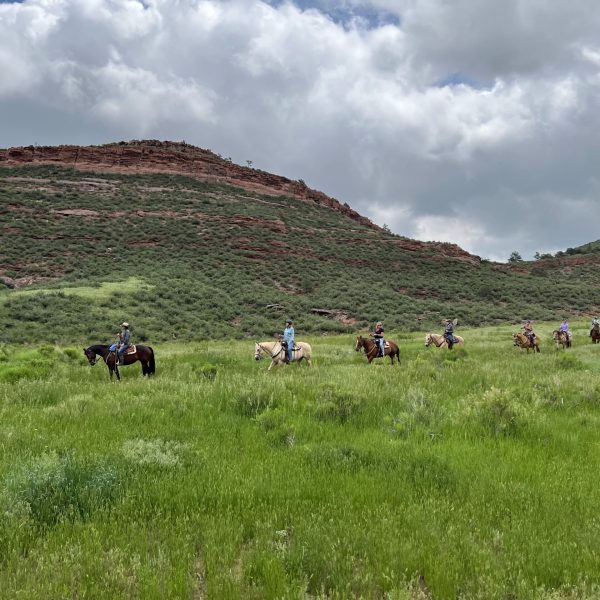A trail of horseback riders follow each other in a Colorado valley - Colorado Horseback Riding and Hiking - Adventures in Good Company
