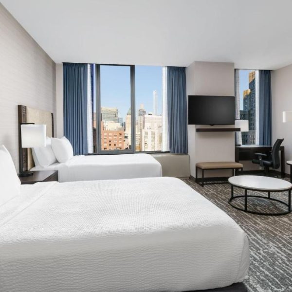 Interior of a suite at the Fairfield Marriott Penn Station Hotel in New York, recommended as a safe place for women to stay.