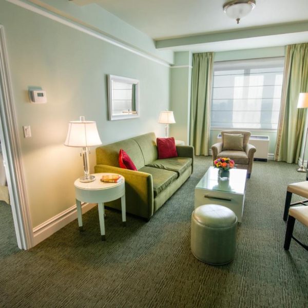 A suite with separate living area at the Hotel Beacon a hotel in New York and a safe place for women to stay.