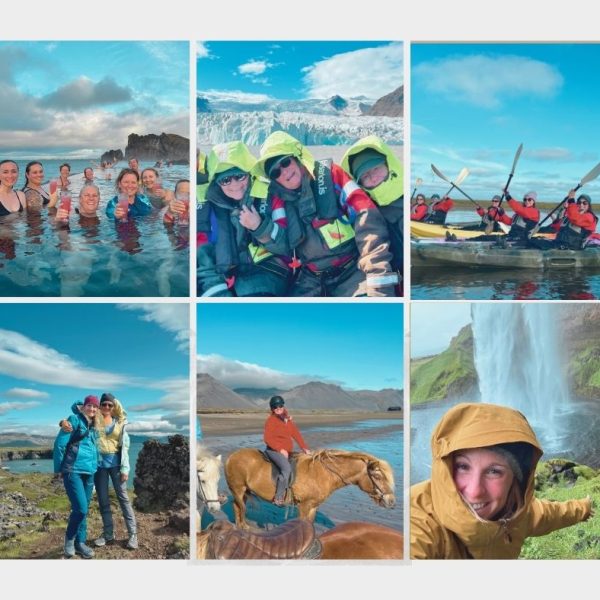 Collage of tour highlights of the tour Iceland: Hiking, Kayaking, Horseback Riding & Hot Springs