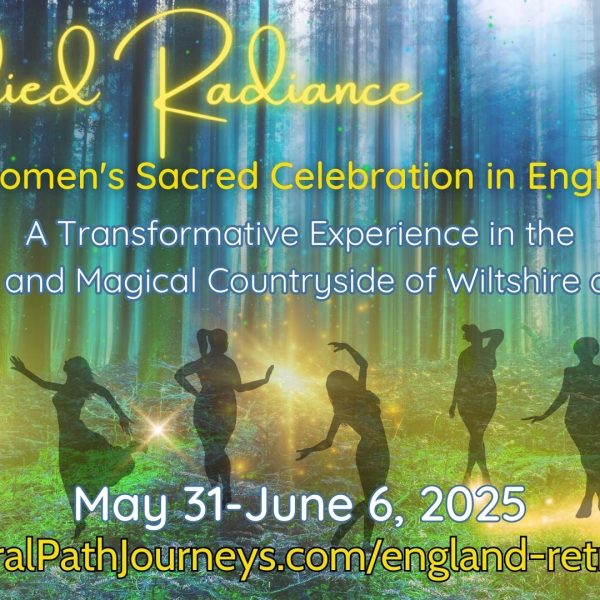 A stylized photo of women in shadow dancing in the forest with the Embodied Radience text and details written over the top. Women's Sacred Celebration - Spiral Path Journeys
