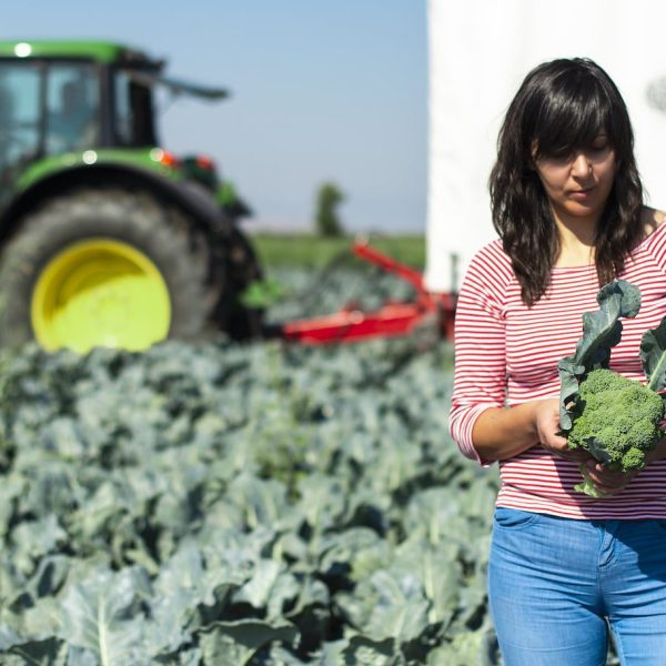 A woman tends to vegetables while working on a farm