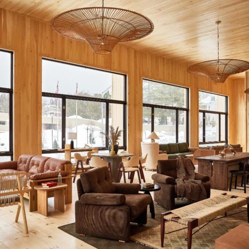 A comfortable seating area for guests of the Bluebird Lake Placid Hotel in Lake Placid, New York.