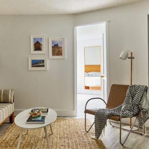 Interior sitting area of a room at the Bluebird Parker Beach Lodge in South Yarmouth, Massachusetts