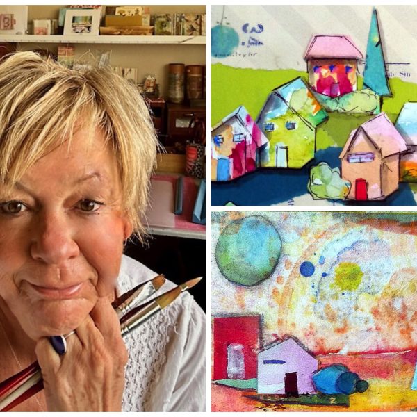 A portrait of Cathy Bluteau is positioned on the left side of the image and on the right side, an example of her artwork is displayed - Adventures in Italy