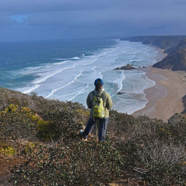 A Woman overlooking a stunning beach with dramatic cliffs in the Algarve