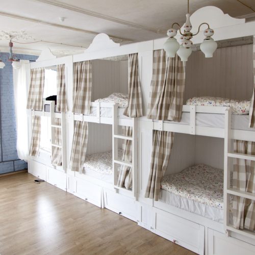 A dorm layout at Soul Kitchen in St Petersburg -bunk beds and privacy curtains. HostelWorld