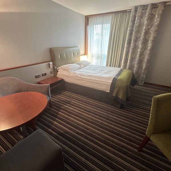 A simple room at the Movenpick Zurich Airport hotel in Switzerland, recommended as a safe place for women to stay.