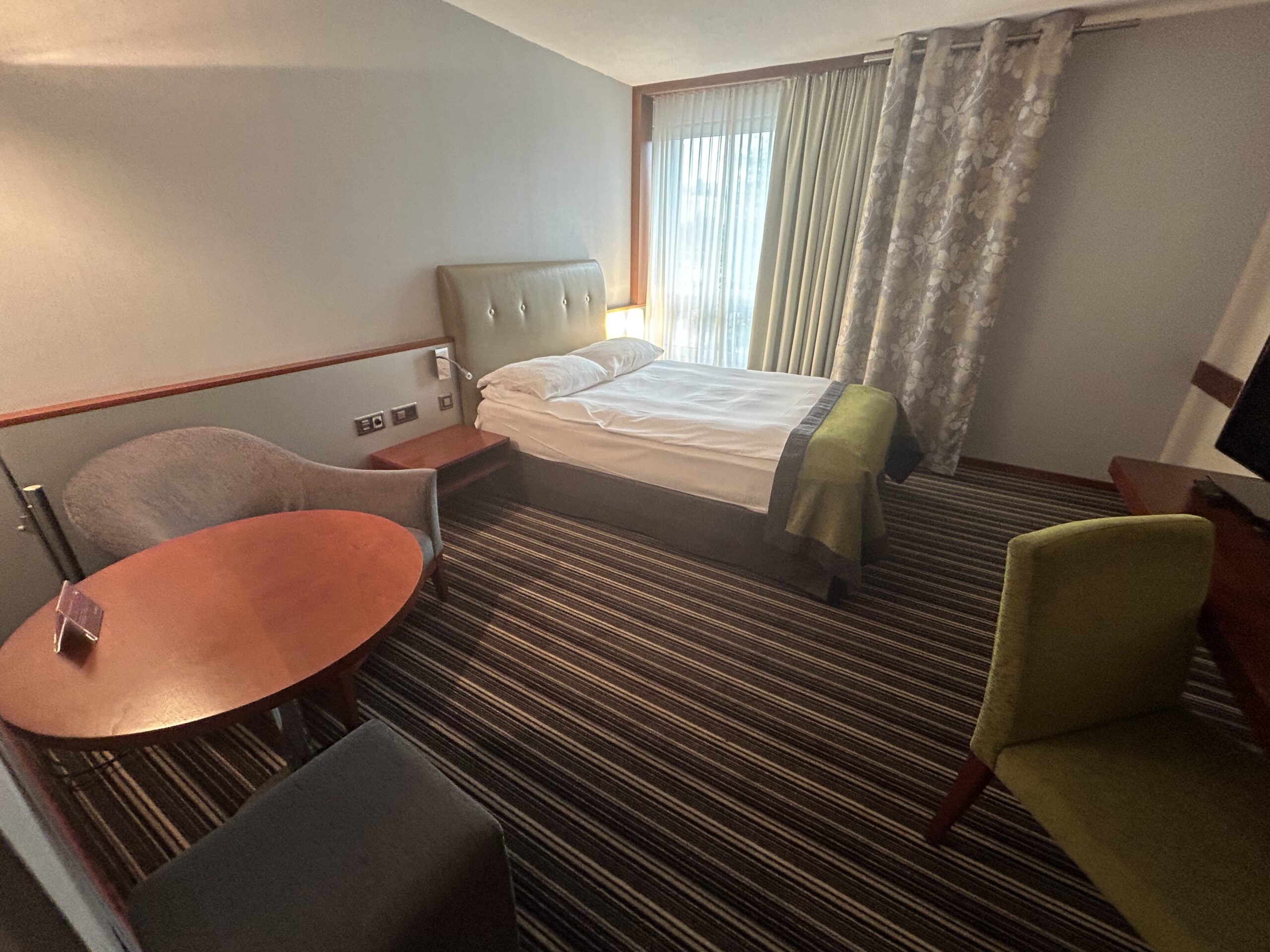 A simple room at the Movenpick Zurich Airport hotel in Switzerland, recommended as a safe place for women to stay.