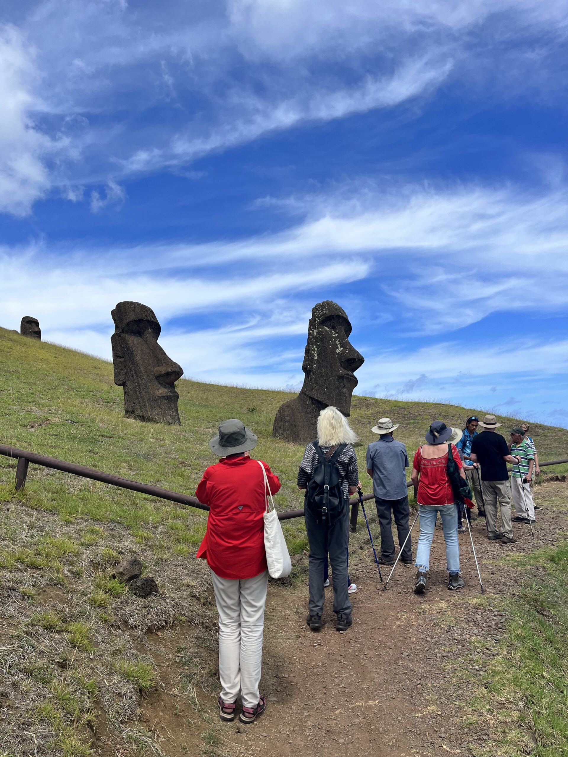 A group of women exploring the ancient moai statues and scenic landscapes of Easter Island on a guided tour.