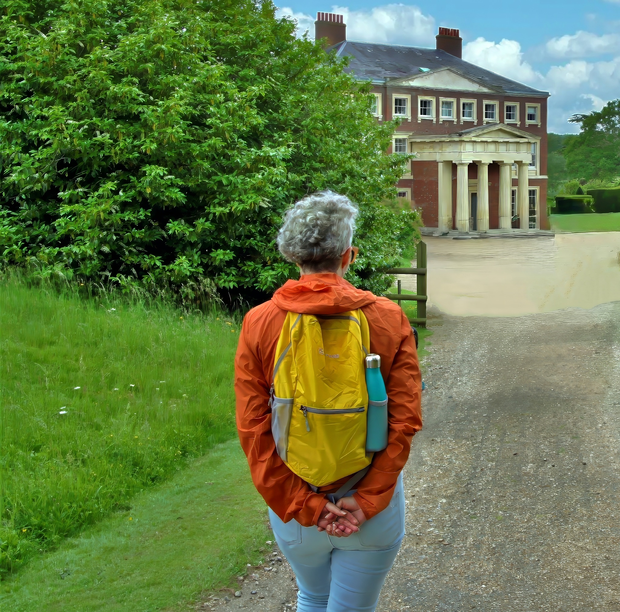 Woman gazing at the elegant stately manor of Goodnestone Park.