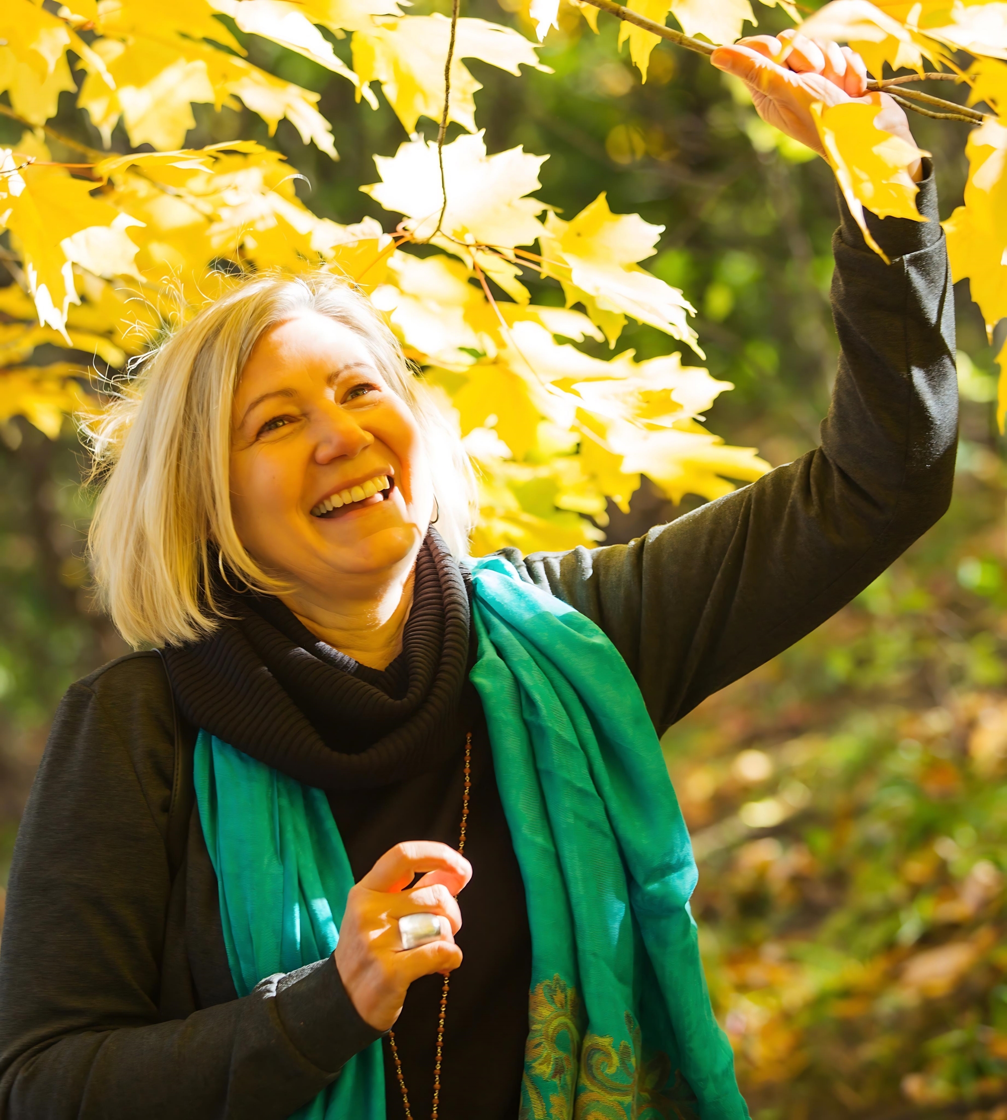 A woman admiring the vibrant colors of the trees and dappled sunlight in the woods.