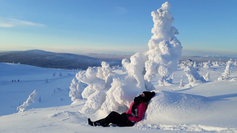 A participant enjoying a moment of the tour Yoga and Adventures in Finland