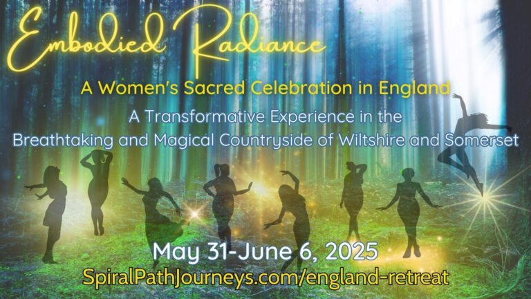 A stylized photo of women in shadow dancing in the forest with the Embodied Radience text and details written over the top. Women's Sacred Celebration - Spiral Path Journeys
