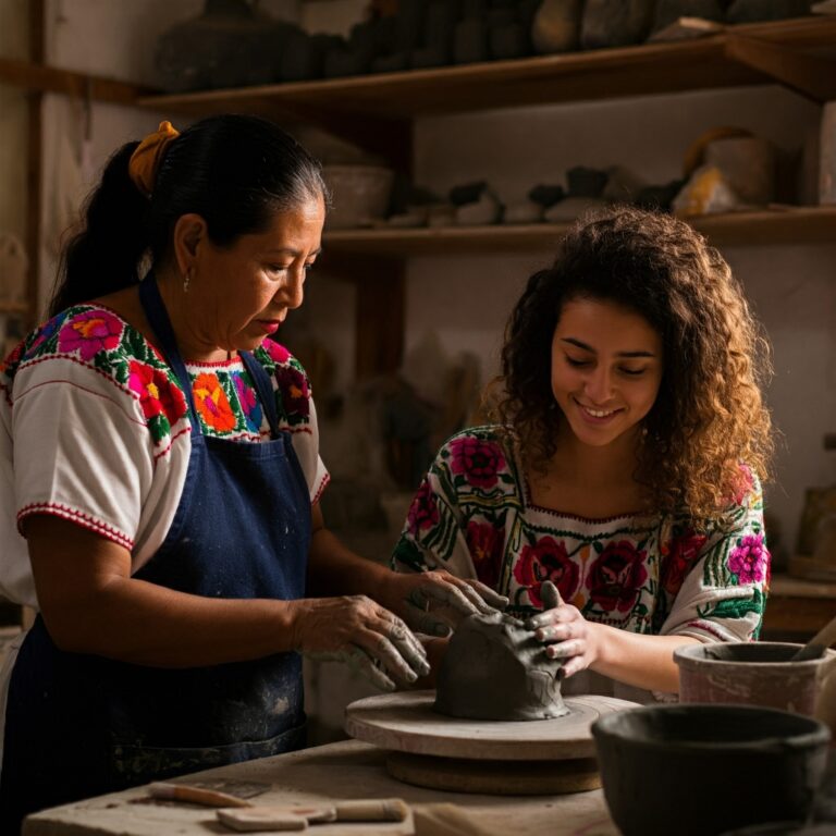 Women participating at a traditional craft of barro negro pottery. - Wellness Retreat in Oaxaca, Mexico