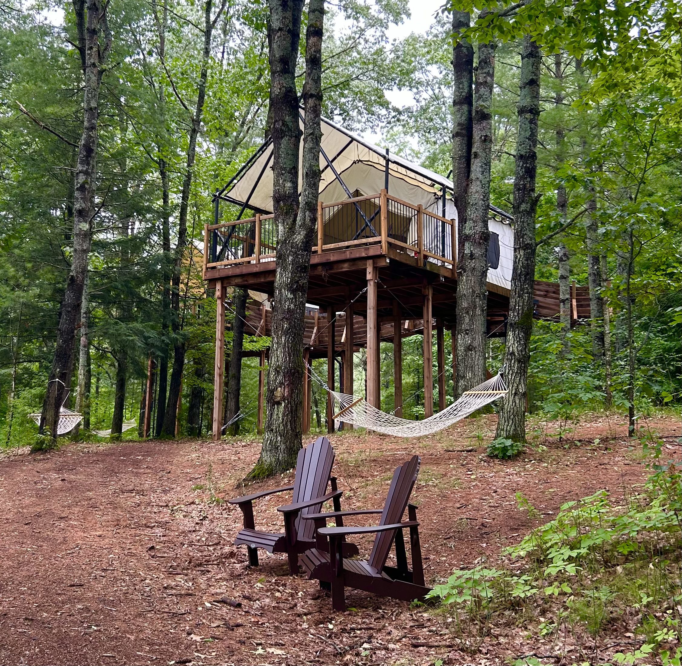 Luxurious glamping above the forest floor at Whispering Springs in Ontario, recommended as a safe place for women to stay.