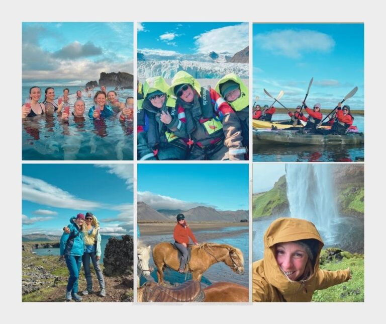 Collage of tour highlights of the tour Iceland: Hiking, Kayaking, Horseback Riding & Hot Springs